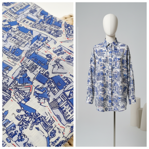 Tissu en lin 100% imprimé avec un motif de maisons bleues personnalisé, en vente, au mètre, pour les vêtements des filles, des garçons et des enfants - Product Image 2