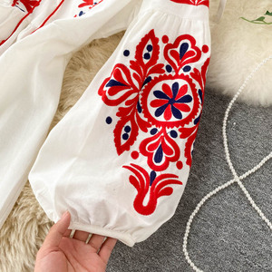 Women <strong>White</strong> <strong>Red</strong> <strong>Blue</strong> Tribal Floral Embroidered Long Sleeve Tie Waist Boho Maxi <strong>Dress</strong> Vintage Ethnic Style Flowy Bohemian <strong>Dress</strong> - Product Image 6
