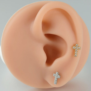 Boucles d'oreilles clous en titane plaqué avec croix et feuille, serties de zircon, pour cartilage d'oreille et piercing de lèvre, bijoux hypoallergéniques ASTM F136 - Product Image 2