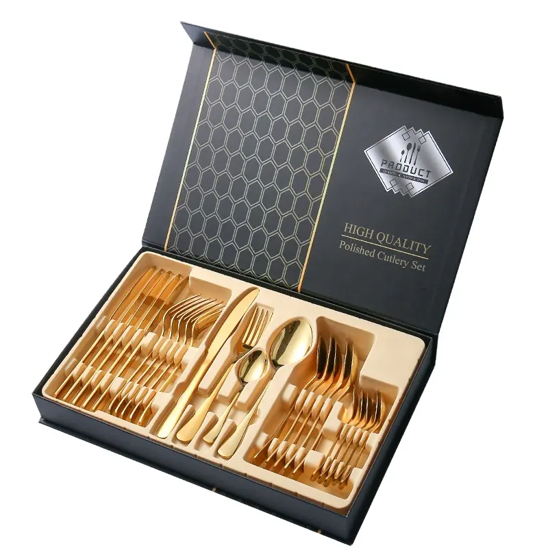 Wholesale Travel Cutlery Set Stainless Steel 24 Pcs Gift Set Silverware Gold Cutlery Set With Luxury Gold Wed Flatware