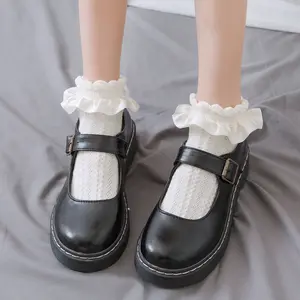 Bande dessinée Lolita Style japonais Kawaii, chaussettes à volants, maille unie blanche noire en dentelle, chaussettes douces pour filles