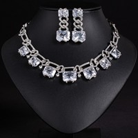 Collier et boucles d'oreilles élégants en zircon cubique, design carré, 2 pièces, accessoires de mariage pour femmes, accessoires de fête de fiançailles S-0100