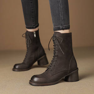 Zapatos de Tacón Cuadrado con Cordones Delanteros de Cuero Genuino de Colores en Capas, Suela Gruesa, Estilo Casual, Cómodos, Modernos y Versátiles - Product Image 3