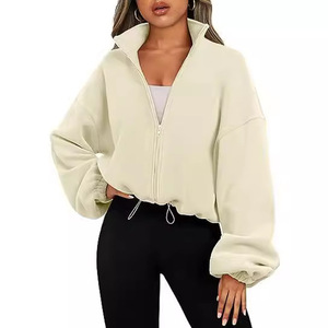 Women's Fleece <b>Zip</b>-<b>Up</b> Jacket Casual Stand Collar Sportswear with Drawstring Hem Loose <b>Cropped</b> Sweatshirt - Product Image 5