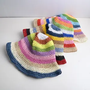 프리미엄 성인 폴리네시아 선 바이저 버킷 모자 솜브레로 체크 무늬 와이드 챙 밀짚 낚시 모자