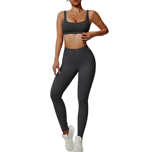 <b>Red</b> Seamless Yoga Set High Waist Leggings <b>Crop</b> <b>Top</b> Racerback Square Neck 2 Piece Activewear Full Length Spandex Polyester - Product Image 2
