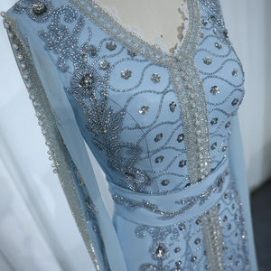 Jancember SZ404 arabe manches longues ceinture paillettes perlées bleu soirée robes de bal - Product Image 5