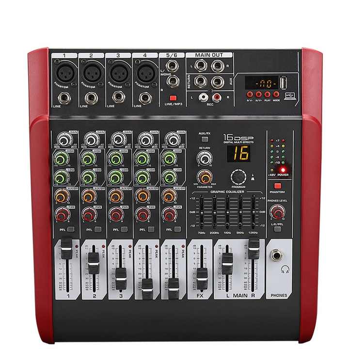6D/10Dパワードアンプオーディオミキサー6/10チャンネル、3バンドEQ/16 