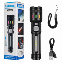 Lampe torche LED rechargeable par USB avec zoom, affichage numérique de la puissance, lumière latérale COB, torche d'urgence en plastique