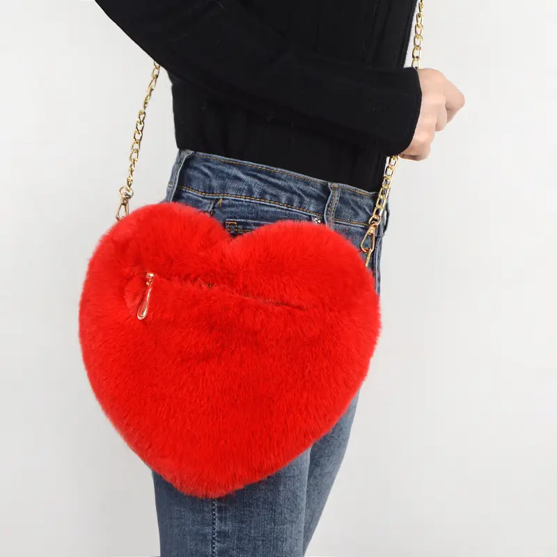 plush women hand bag Strap satchel heart shape ladies handbag