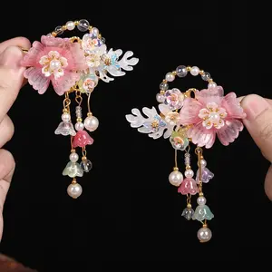 Antique Children's Hanfu Hair Accessories Chinese Style Embroidered Flower Tassel Hair Clip Girl Pair Wholesale