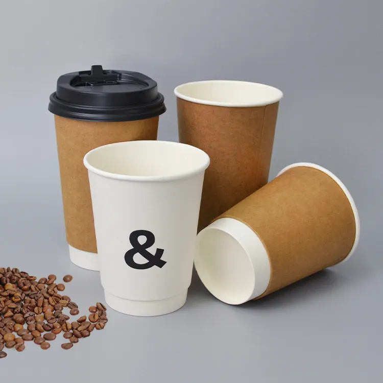 Taza de café de papel Biodegradable con tapa, impresión personalizada, desechable, 7oz, 8oz, 9oz, 10oz, onda, individual, doble pared