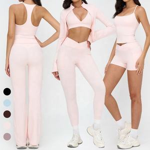 Completo Sportivo da Donna in Tinta Unita 6 Pezzi Abbinabili Liberamente Pantaloncini Yoga a Vita Incrociata <span class=keywords><strong>Leggings</strong></span> <span class=keywords><strong>con</strong></span> Tasche Top Halter Outfit da Allenamento - Product Image 5