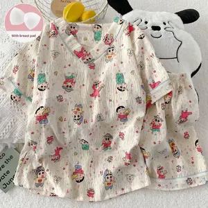 NOVEDAD DE VERANO 2025, ropa informal para el hogar, conjunto de pijamas de manga corta con dibujos animados de algodón de nube fina transpirable con almohadillas para el pecho - Product Image 4