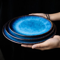 Assiette de table en porcelaine émaillée bleue, assiettes à steak en céramique, plats de service pour desserts, vaisselle de restaurant