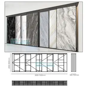 Custom horizontally sliding marble large plate quartz stone Wood floor showroom metal stand ceramic tile glass sample display