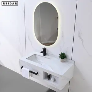 Ánh sáng sang trọng treo tường đá cẩm thạch thiêu kết đá phòng tắm Vanity rửa lưu vực tủ với gương