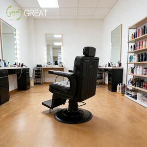Fauteuil de Barbier de Luxe en Cuir Noir avec Base Ronde Dorée, Petit Fauteuil de <span class=keywords><strong>Coiffure</strong></span> et de Rasage pour Salon Moderne - Product Image 3