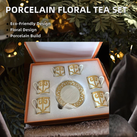 Desain Eropa 12 buah Set teh porselen ramah lingkungan dengan lukisan bunga keramik untuk penggunaan rumah kopi termasuk pegangan logam
