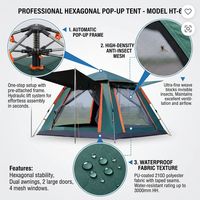 Tente de camping hexagonale pop-up personnalisée OEM en gros avec auvent double latéral, fenêtre double en maille, imperméable, fournisseur d'usine