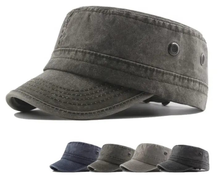 Cotton Plain Color Washed Cotton Trucker Flat Top Cap