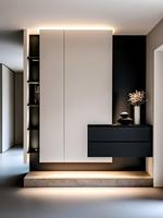 Meuble d'entrée modulaire premium et compact, avec compartiment suspendu, éclairage à intensité variable, porte anti-collision, unité multi-scènes pour