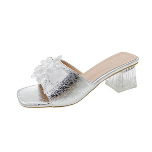 Summer Crystal Heel Square Toe Elegant Sandals New Arrival Rhinestone Fairy <b>Style</b> Plus Size Mid Heel Slippers for Women - Product Image 6