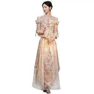 S0096G New Spring Thin Model Marriage Champagne high -end atmosphere Chinese Xiuhe Girl Dragon Phoenix sequin wedding dress