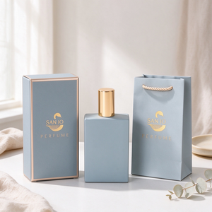 Flacon de parfum bleu ardoise minimaliste nordique 50 ml 1,7 oz, récipient carré en verre avec bouchon doré brillant pour parfum unisexe en gros - Product Image 2