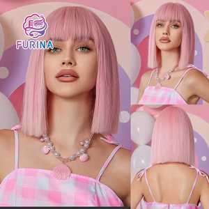 Pelucas Rosadas, Peluca Lisa Rosa Claro con <span class=keywords><strong>Flequillo</strong></span> para Mujer, Resistente al Calor, Sintética, con Línea de Cabello Natural, Pelucas Cortas sin Pegamento para Fiesta - Product Image 3