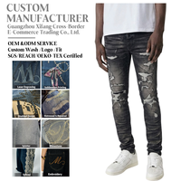 Jeans en denim noir pour hommes, vente en gros, style Y2K vintage, patchwork, appliqué, coupe slim, hiver, streetwear, hip hop