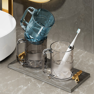 Gobelet moderne de luxe en plastique PET pour bain de bouche, porte-brosse à dents avec poignée, gobelet transparent gris pour salle de bain, hôtel, dortoir étudiant - Product Image 4