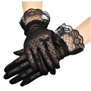 Gants en nylon à nœud en dentelle et résille pour femme, noirs et blancs, style vintage, avec volants au poignet, élégants, pour mariée, toutes saisons - Product Image 1