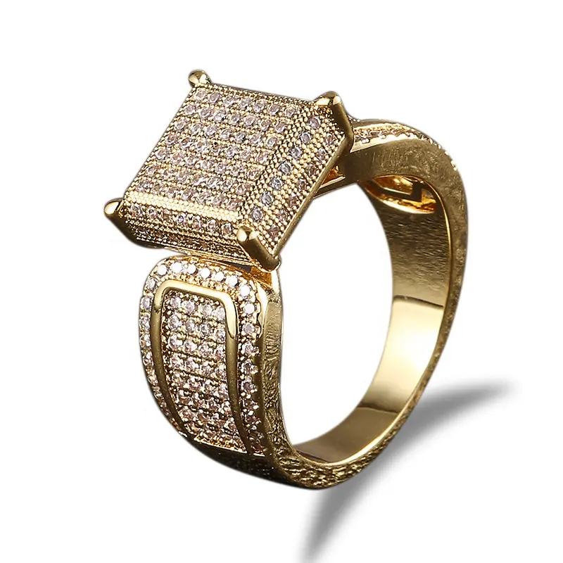 Moda placcato oro 18 carati Iced Out White CZ Square Ring per uomo Hip Hop anello di fidanzamento uomo Wedding Band Party Jewelry