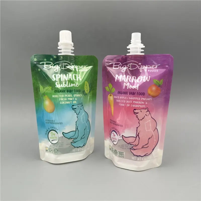 Groothandel 4 Oz Puree Tuit Zakje Voor Babyvoeding Verpakking Doypack Stand-Up Vloeibare Drank Sap Zakjes