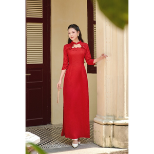 ชุดเดรสโอไดเวียดนามแบบดั้งเดิมสีแดงแบบเวียดนาม - Product Image 6