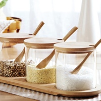 Lot de 3 récipients d'assaisonnement avec couvercles en bambou et plateau en bois Cuillères en bambou pour récipients à épices Ensemble de pots à épices en verre