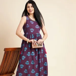 New Design 2024 Perfect Hand Block Embroidered Sleeveless Long Kurta Set Bulk OEM Cotton Indian Printed Dress at Wholesale Rate