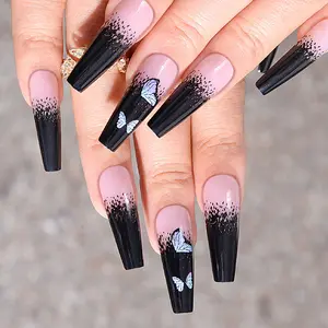 Wholesale Custom Press On Nails Ballerina Long Coffin Black Pink French Tip Nails Manicure Acrylic Stick On Nails