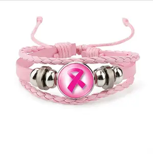 乳腺癌意识希望手链女性粉色丝带魅力编织皮绳包裹手镯时尚手工饰品
