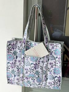 Handcrafted Floral Quilted Cotton <b>Lightweight</b> Eco-Friendly Foldable Open Top Tote <b>Bag</b> Ethnic Indian Block Print Large Capacity - Product Image 4