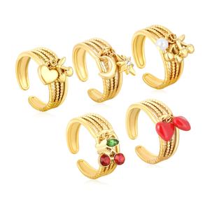 Juego de Anillos Apilables de Acero Inoxidable con Baño de Oro de 18K, con Dijes de Cereza, Corazón, Luna, Estrella y Perla, Anillos Abiertos Minimalistas para Mujer - Product Image 1