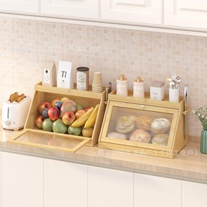 Brocade Crown Wooden Bread Box Bamboo Double Layer Cake <b>Storage</b> <b>Kitchen</b> Countertop Food Container With Glass Door - Product Image 2