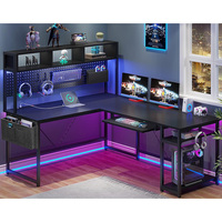Bureau de jeu en L moderne et rustique avec design réversible, structure métallique, fonction pliable, prise de courant intégrée, surface en bois pour usage domestique