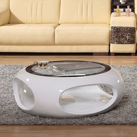 Table basse ronde moderne et écologique avec plateau en verre trempé et base en fibre de verre blanche pour salon, facile à nettoyer
