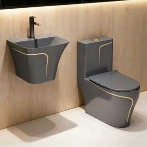 Inodoro de Cerámica de Lujo de Una Pieza, Color Blanco y Dorado, con Doble Descarga, Moderno, para Baño, Línea Dorada - Product Image 1