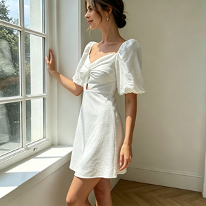 Vestido Mini Blanco con Abertura Frontal, Manga Abullonada, Estilo Dulce, Verano 2026, ODM/OEM, para Mujer, Informal, para <span class=keywords><strong>Fiesta</strong></span> - Product Image 4