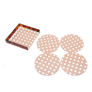 Ensemble de sous-verres créatifs rétro en acrylique imprimé rotin, épaisseur 3 mm, protection de table avec support assorti pour la décoration intérieure et les coffrets cadeaux - Product Image 1
