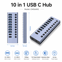 Hub USB C 10 Port 3.2 Gen2, Pengisian Daya PD 95W, Transfer Data 10Gbps, 2x Type C + 8x USB A, Sakelar Individual, Aluminium, CM064M2