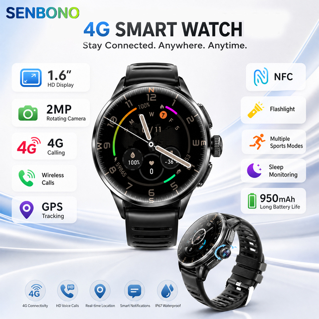 For H100 4G Smartwatch 2MP Rotating Camera GPS Wireless Call NFC Fitness Tracker Compass IP67 AMOLED Display 3GB/32GB